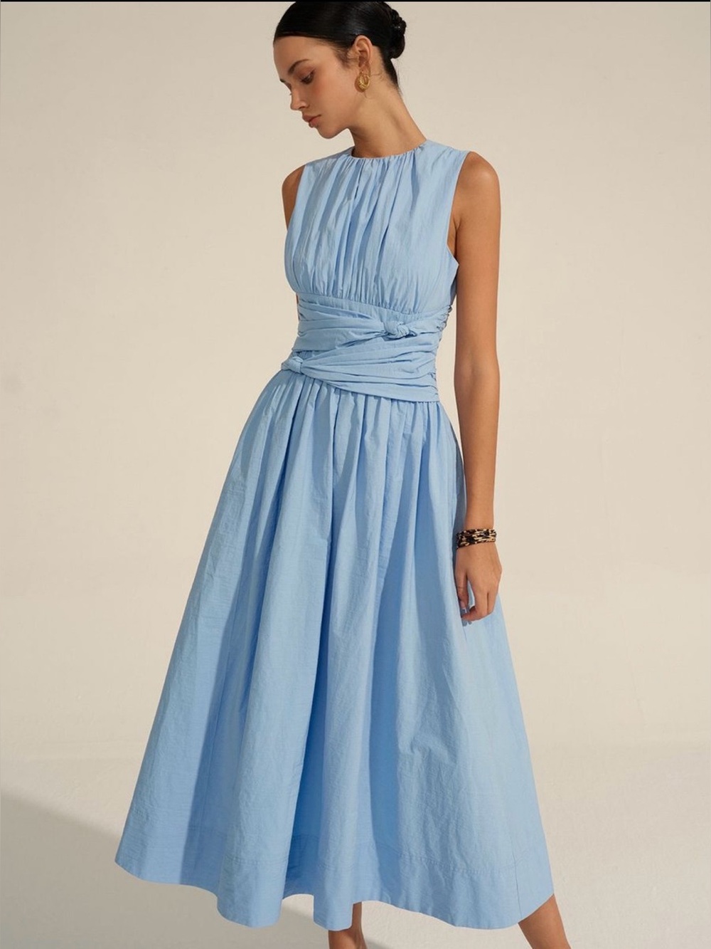 Commense Light Blue Sleeveless Ruched Waist Maxi Dress